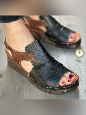 Inca Pamela Black Brown Leather Wedge Sandals Slingback Comfort EU 40 / US 9-9.5